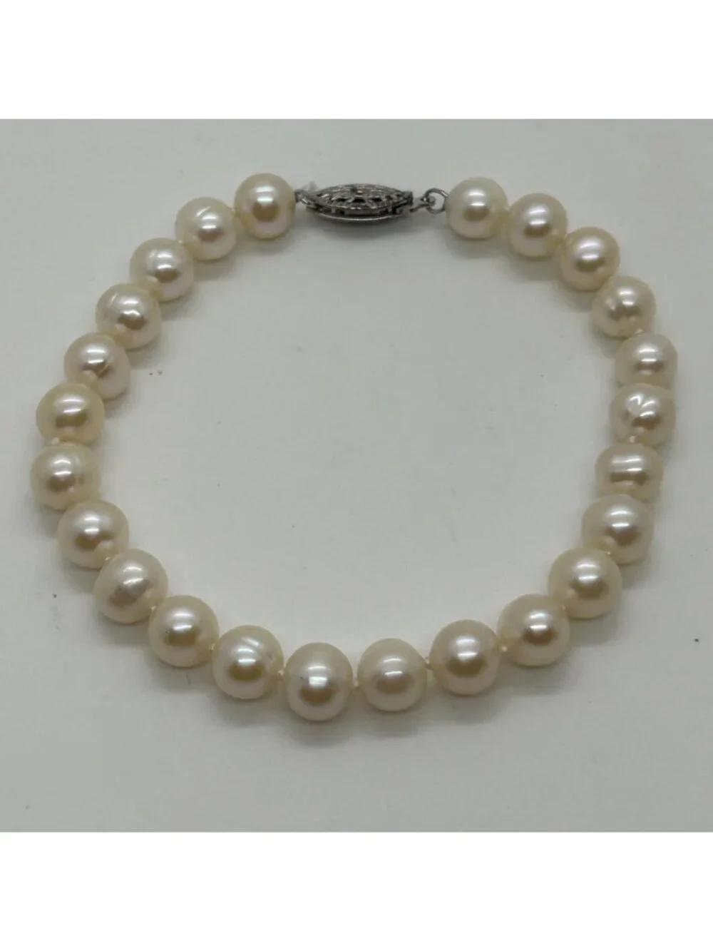 Faux Pearl Strand Bracelet Silver Tone Cream Color Filigree Clasp Elegant Weddin